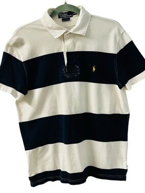 VTG Polo Ralph Lauren SS Blue Stripe Rugby Style Polo L